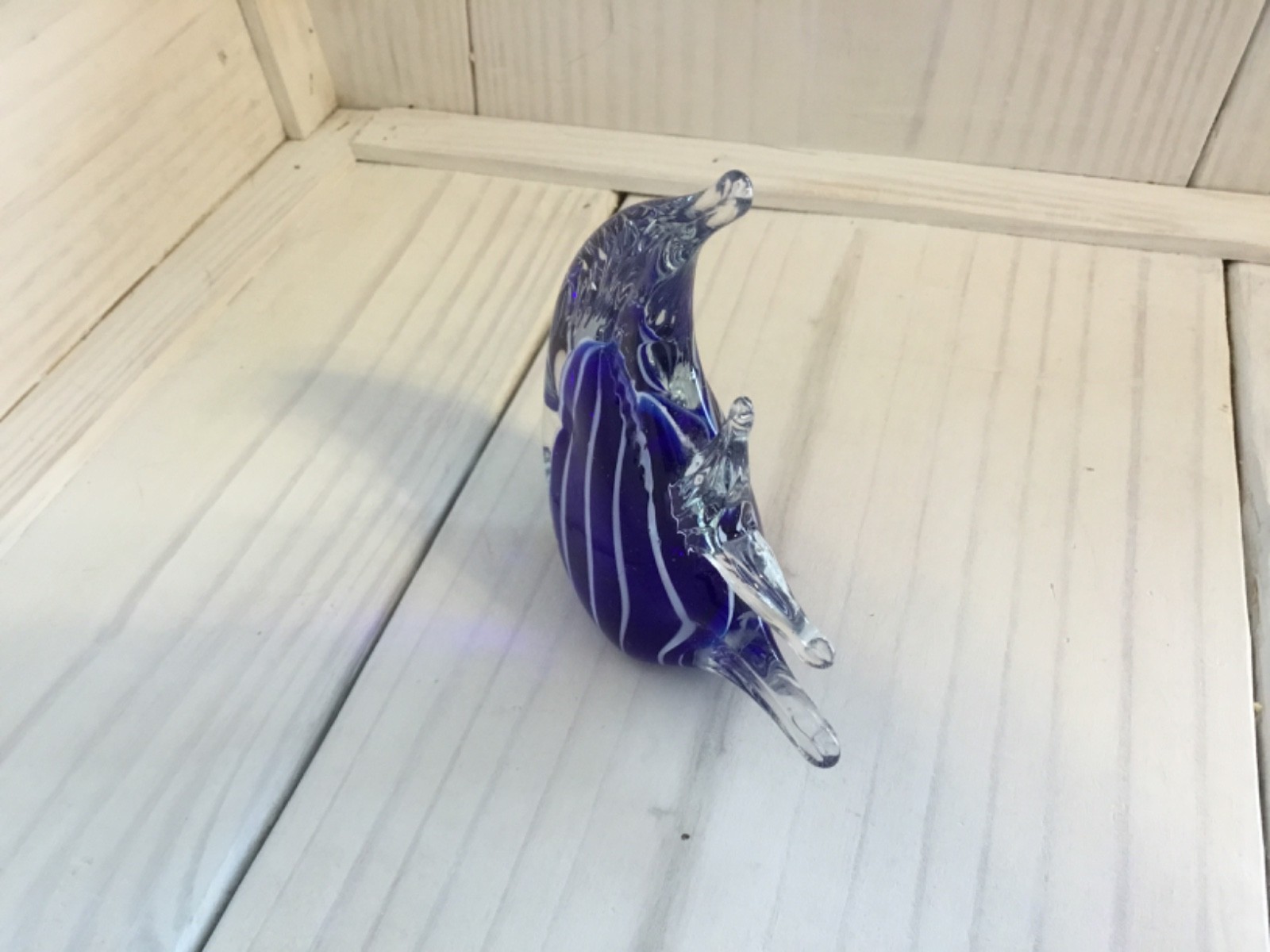 Hand Blown Art Glass Angel Fish Paperweight Figurine Blue Clear White
