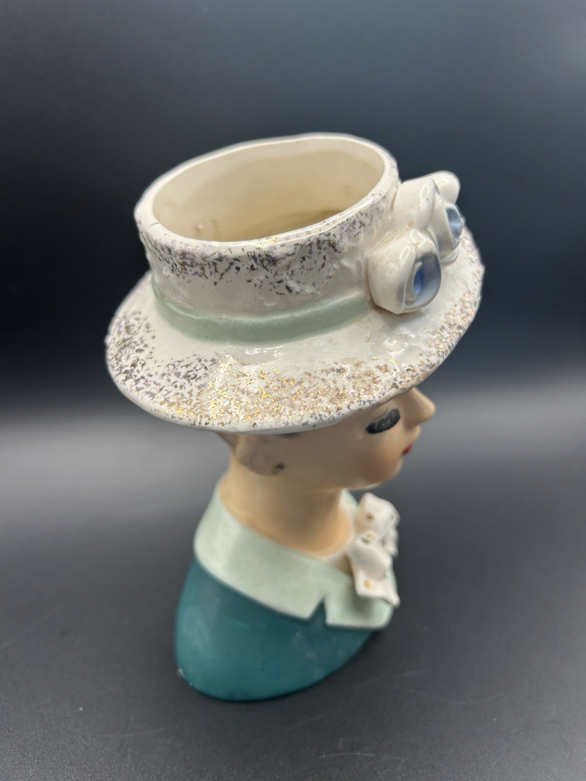 Vintage Ardco Lady Head Vase Hat w/Blue Flowers, Teal & Mint Green Top & Bow Tie