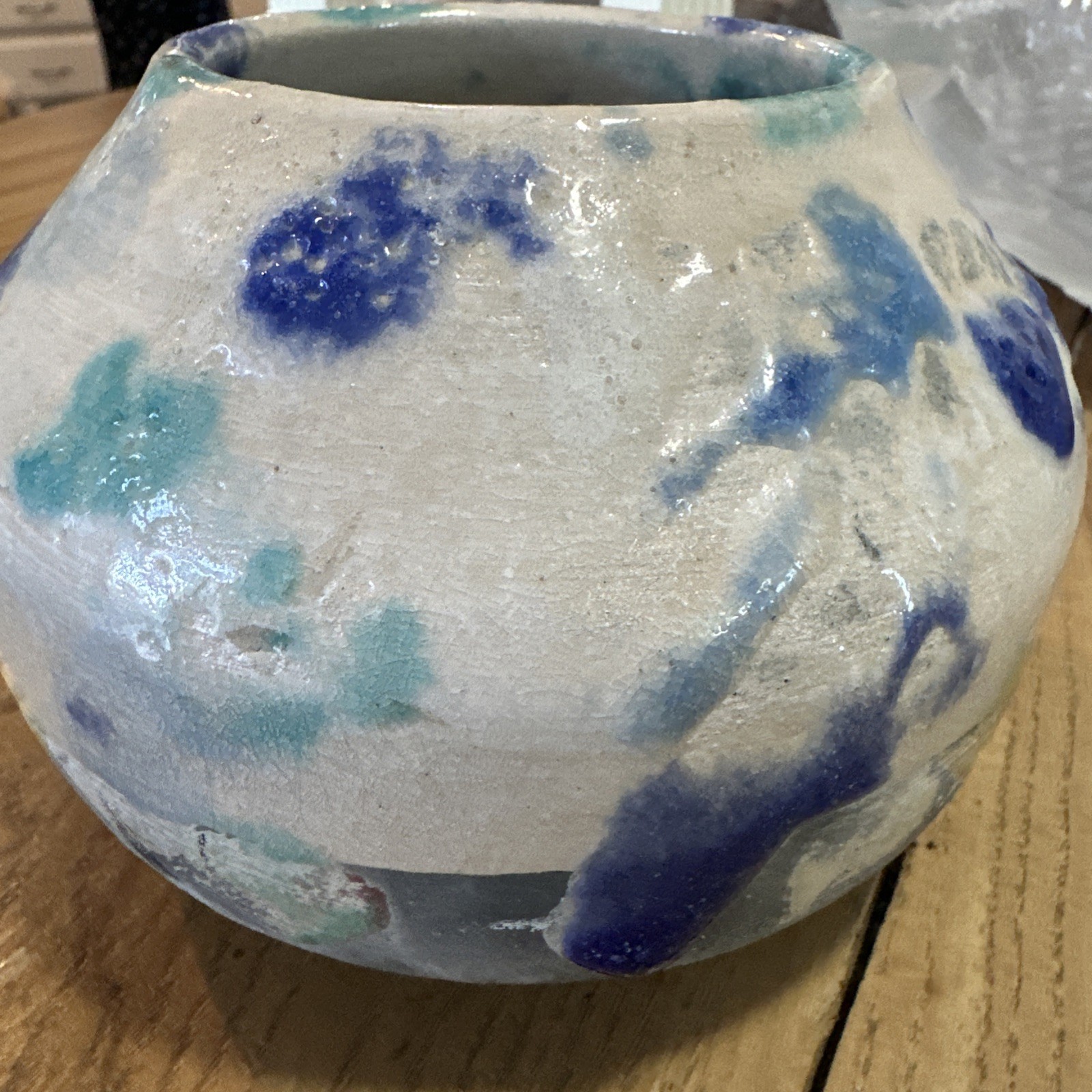 Vintage Raku Art Pottery Vase Iridescent Globe 7.5″ Wide Studio Signed Decor