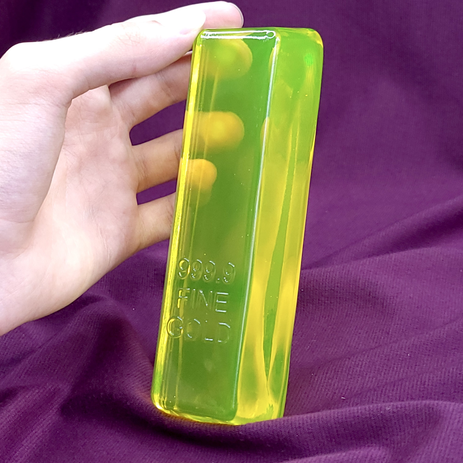 Vaseline Uranium Glass Figurine Ingot “Fine Gold 999.9” Uranium Yellow Glass