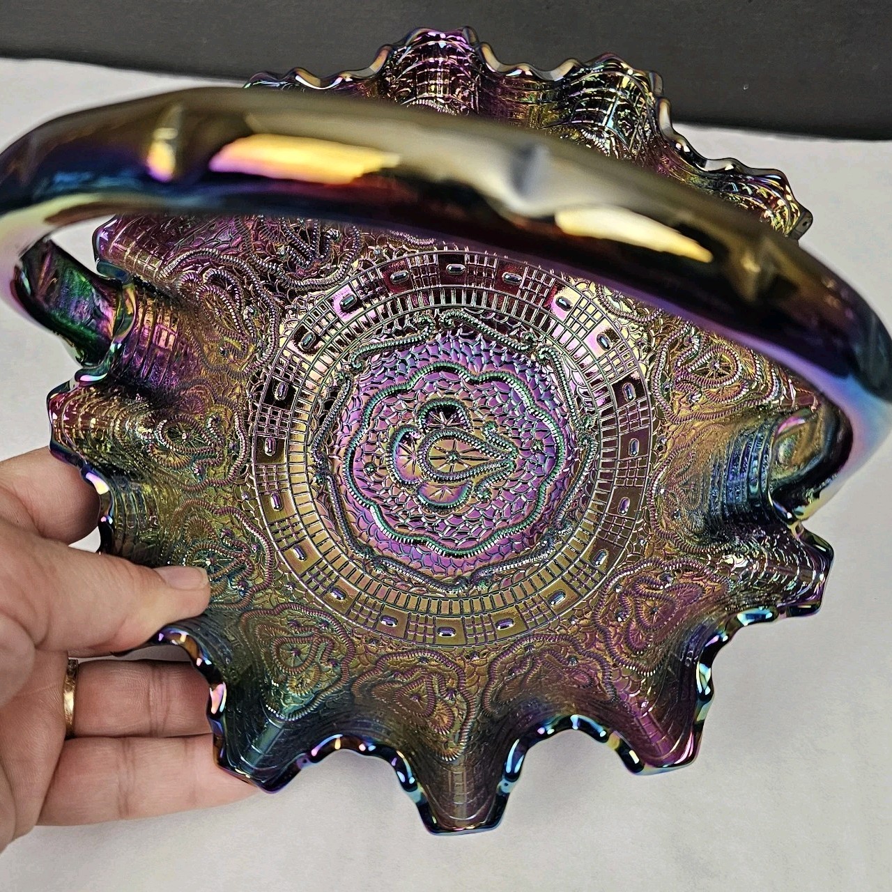 Fenton Purple Iridescent Carnival Glass Handled Round Decorative Basket