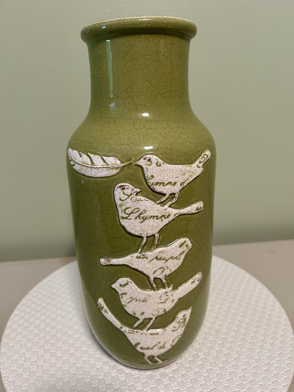 Pottery Vase Birds Crackled Green Art Decorative Gorgeous Heavy Piece. 14” EUC