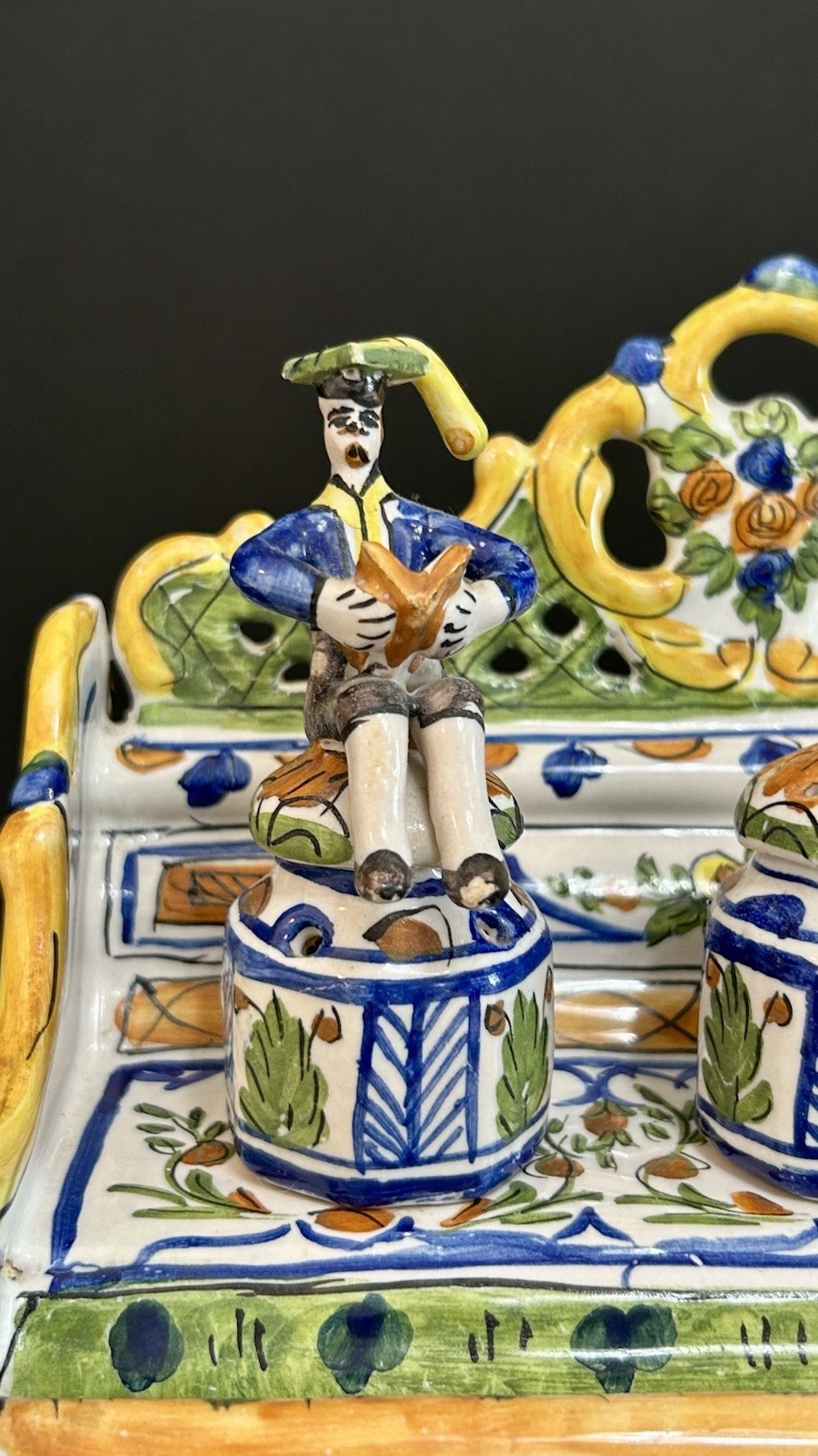 Spanish Manises Faience Figural Inkwell Set Renaissance Inkstand José Gimeno