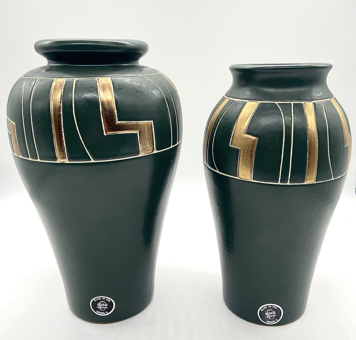 VTG Harris Potteries Art Deco Table Vases Green Gold 14″ & 13″ Chicago IL USA