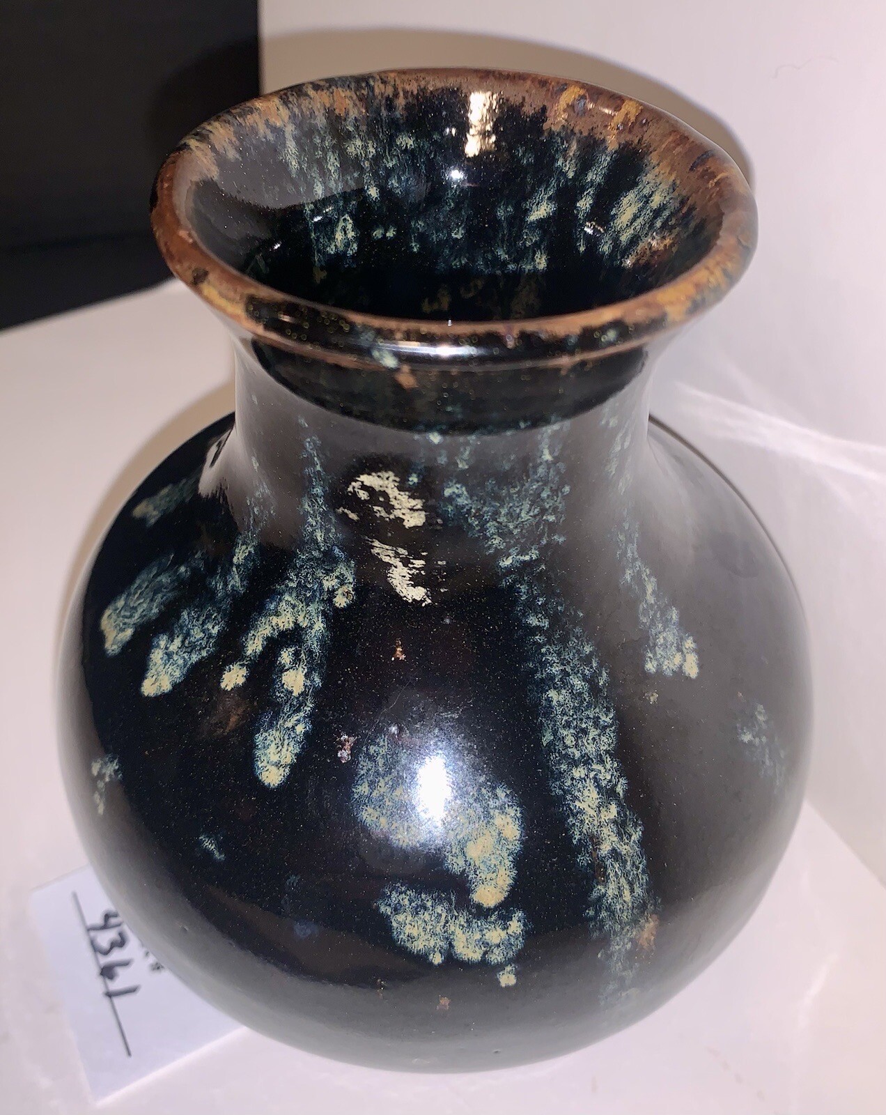 Art Pottery Drip Glaze Black Brown Vase Round Signed Stella