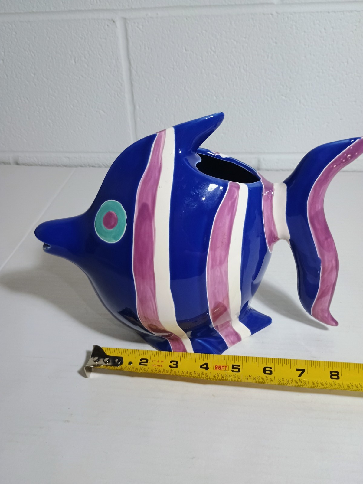 Ceramic angel fish watering vase or can folk art tea pot ? Sea decor colorful
