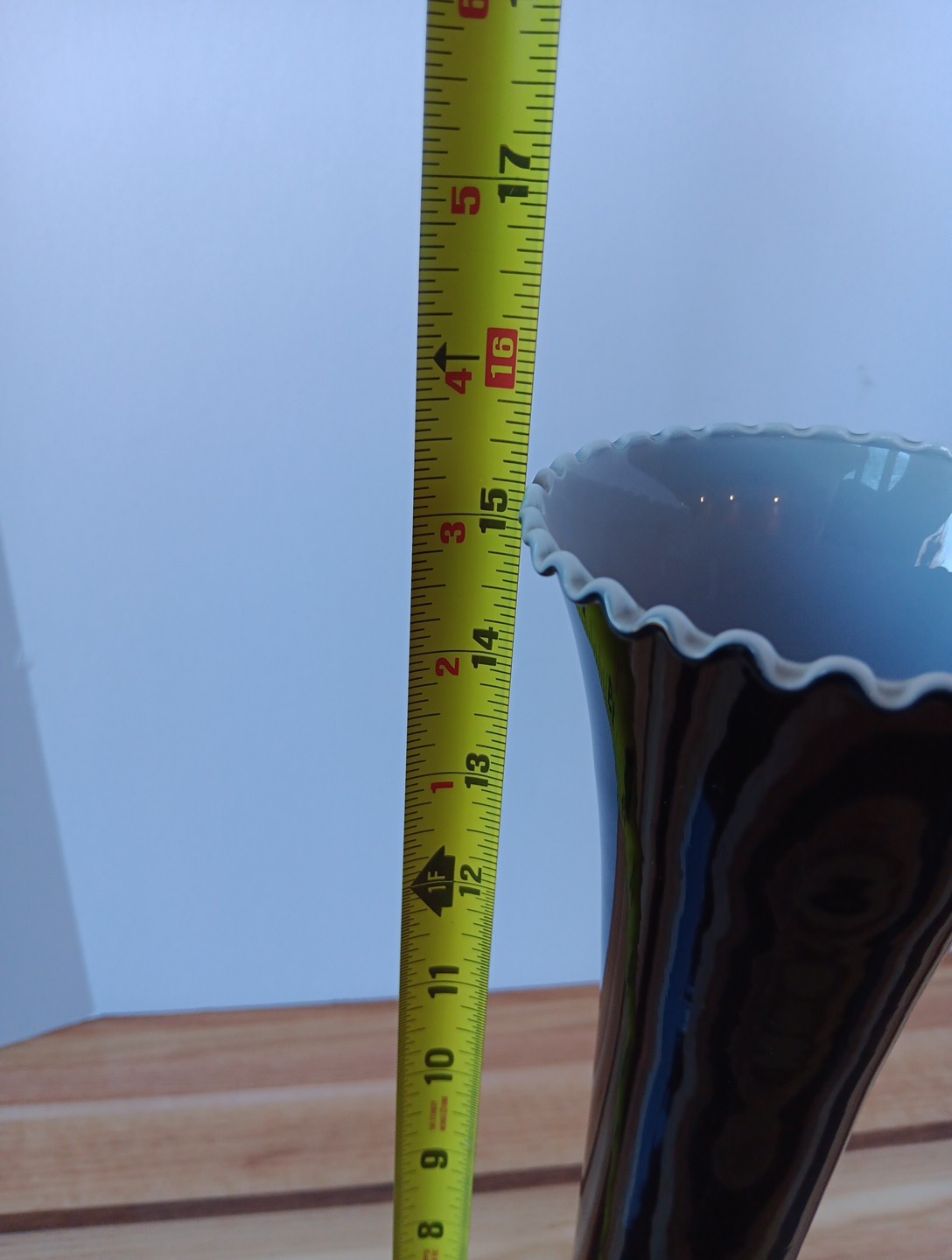 Tall Black Vase Hand Blown White with Clear Footed Bottom 15.25″ Bud Glossy