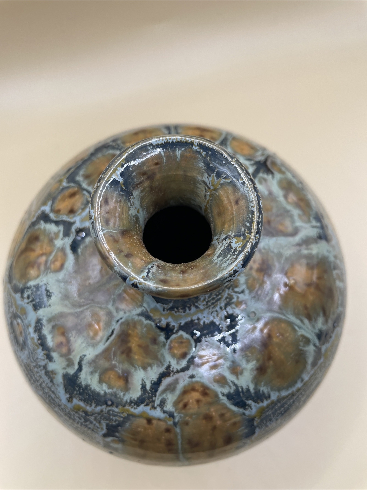 Art Pottery Round Bud Vase Brown/Blue/Gray Spotted Signed- Home Table Decor