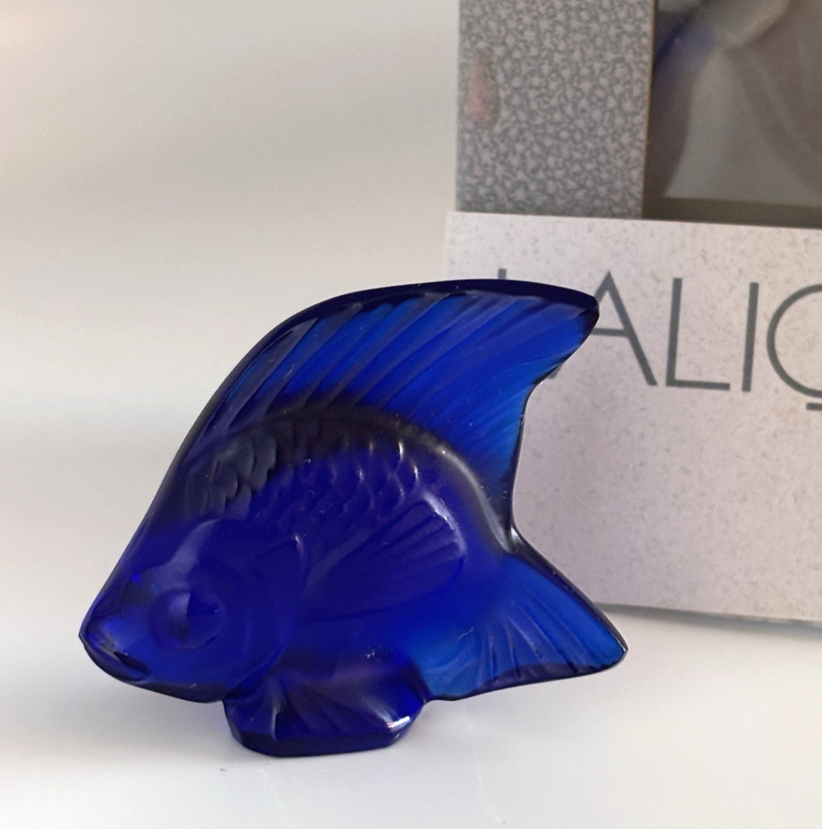Signed Lalique France Seal Fish Sculpture Figurine BLUE Original Box & Card