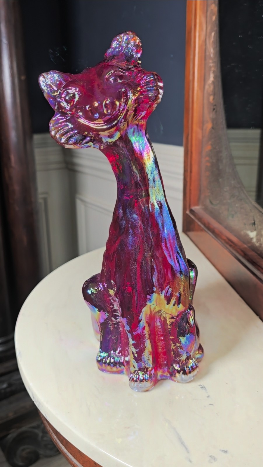 VNTG Fenton Iridized Red Carnival Glass Alley Cat Large 11″ HEAVY Iridescence