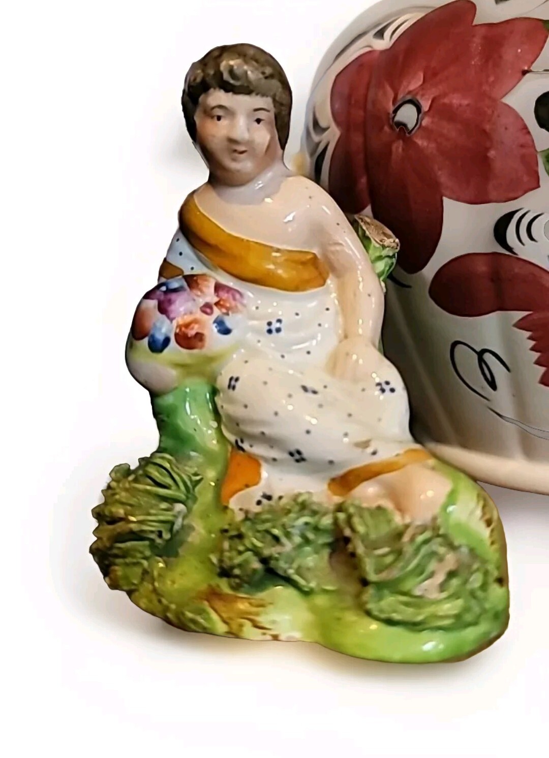 Staffordshire Prattware Figure Pottery Early 1800s Child Basket Flowers