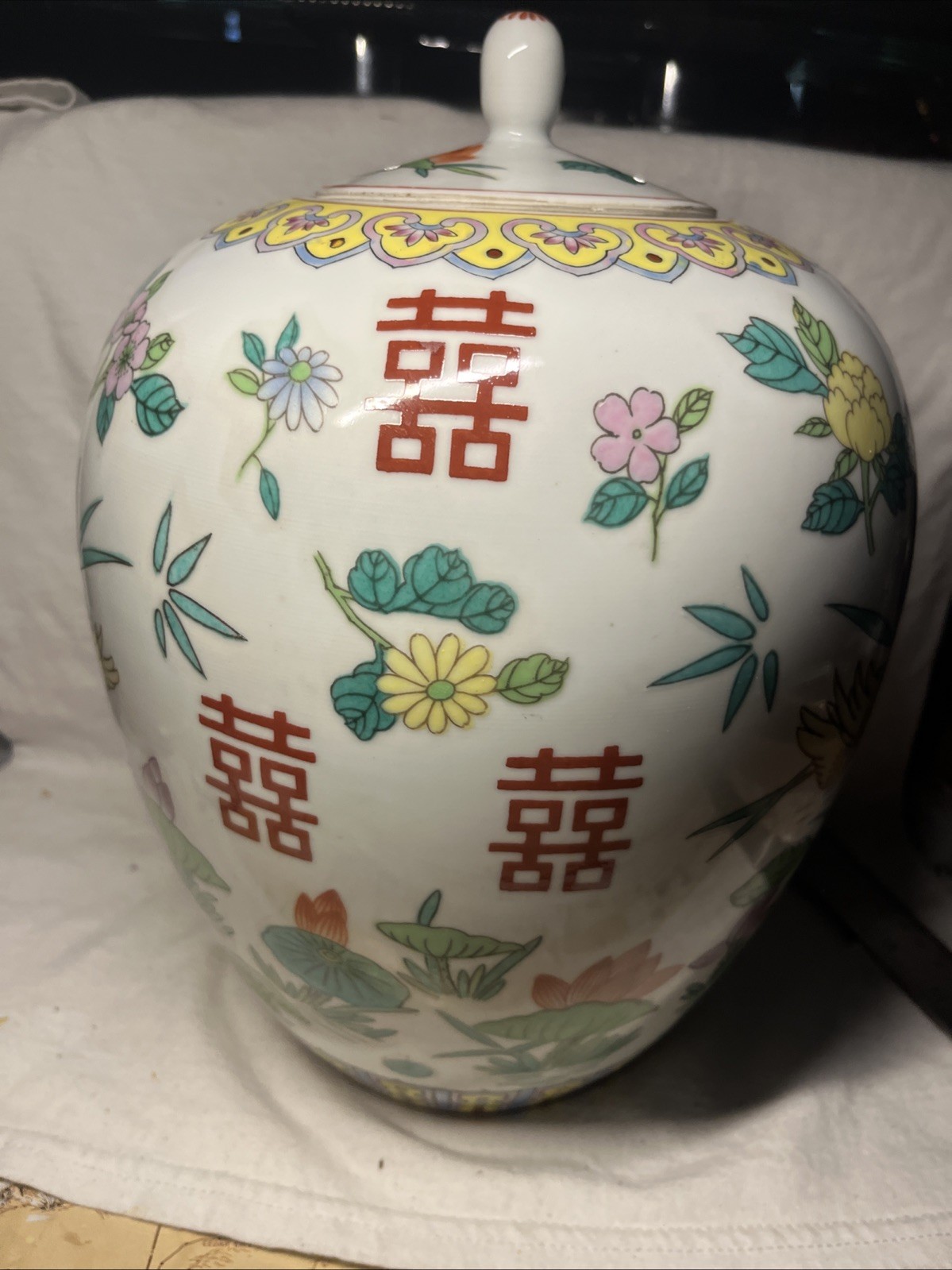 Vintge Asian Hand Painted Gingr Jar – Multi-Colored Flowers & Ducks 11″H x 8″W