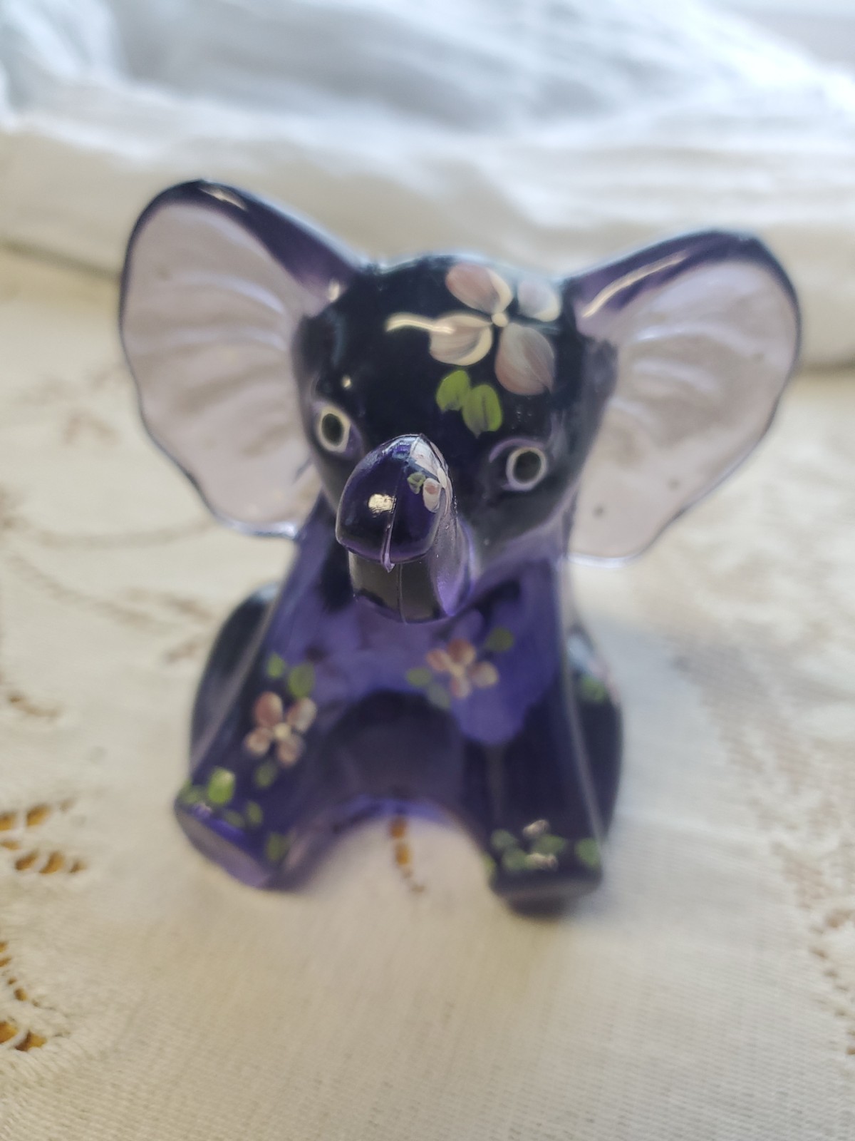 Fenton Purple Glass Sitting Elephant Trunk Up Hand Painted Flowers