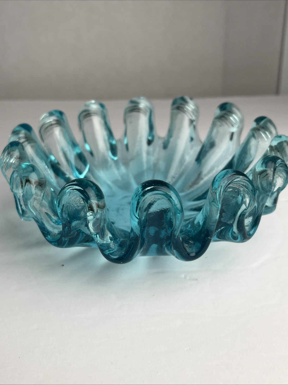 Vintage Blue Glass Ashtray Trinket Dish Candy Bowl Art MCM – 14 Fingers, 6”in