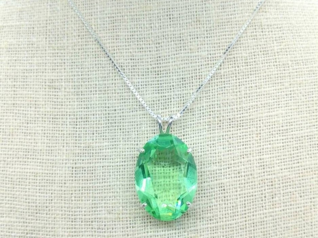 Large Sterling Uranium Glass Necklace Green Pendant Green 925 Silver
