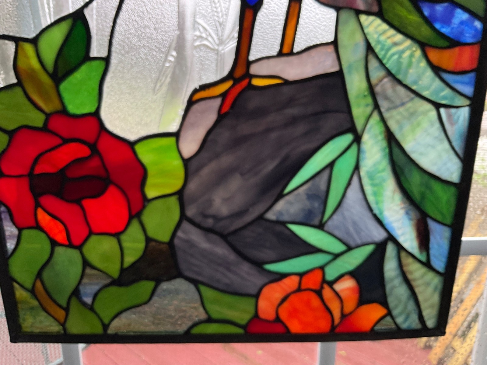 Stained glass peacock flower bamboo window panel framed. Nice!