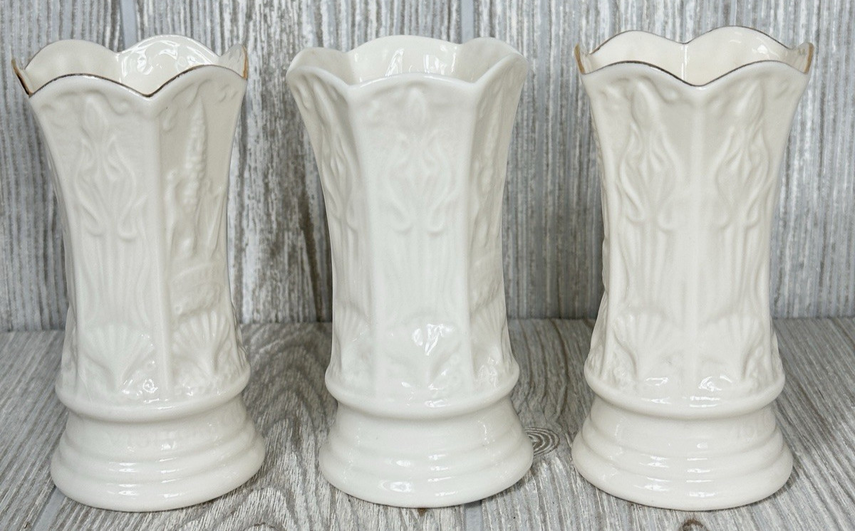 Belleek Visitors Center Ivory Bud Vases 4″ Tall Lot of 3 Embossed Design Ireland