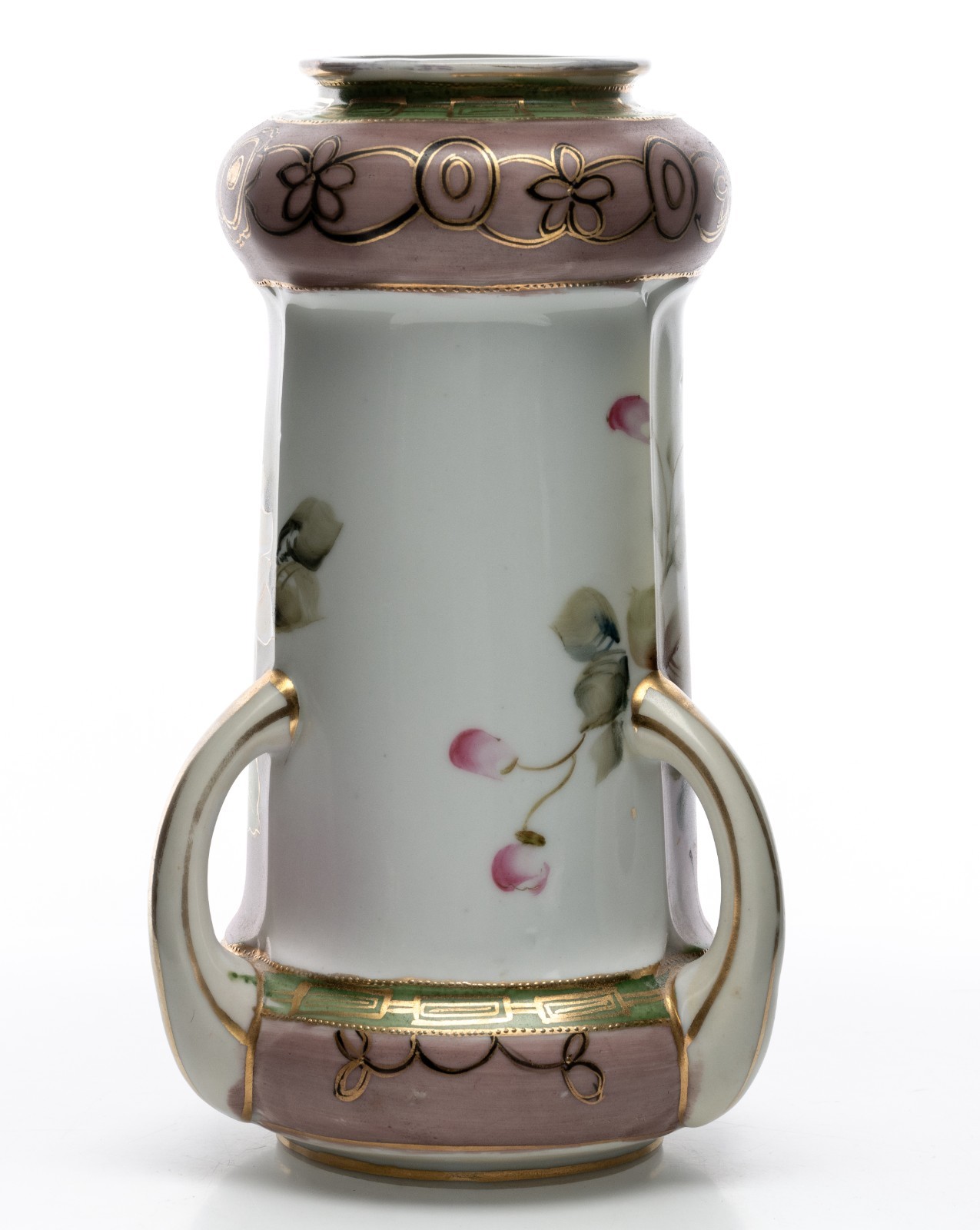 Antique Nippon 3 Handle Handpainted Vase Japan Gold Accents 9.5×5.5in 2lbs