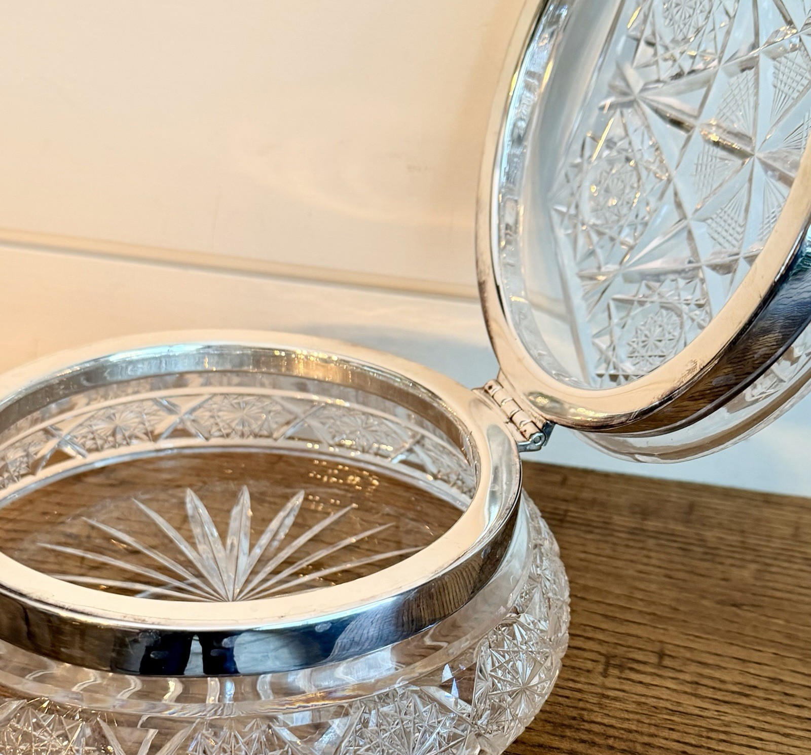 X-Large ABP Cut Glass & Silver Plated Hinged Vanity Jewelry Dresser Box C. 1905