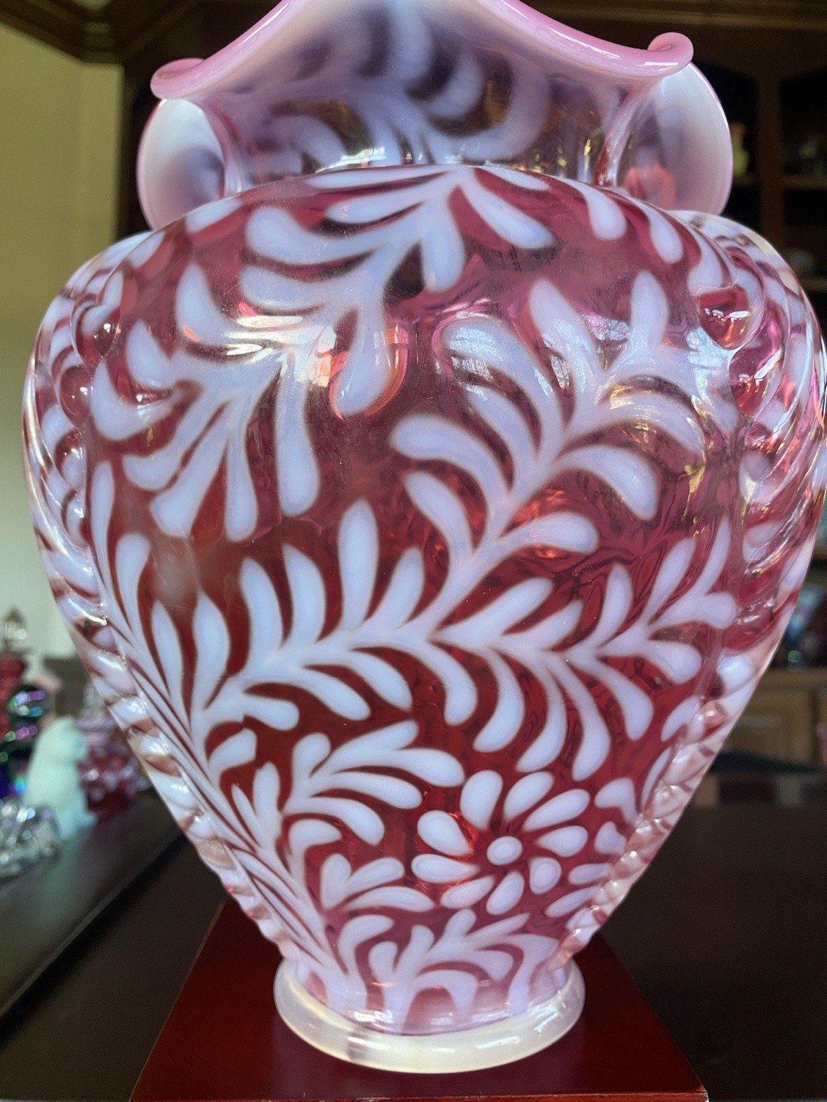 Fenton Cranberry Opalescent Daisy & Fern Large Ruffle Top Vase 9.5″H X 6”W!