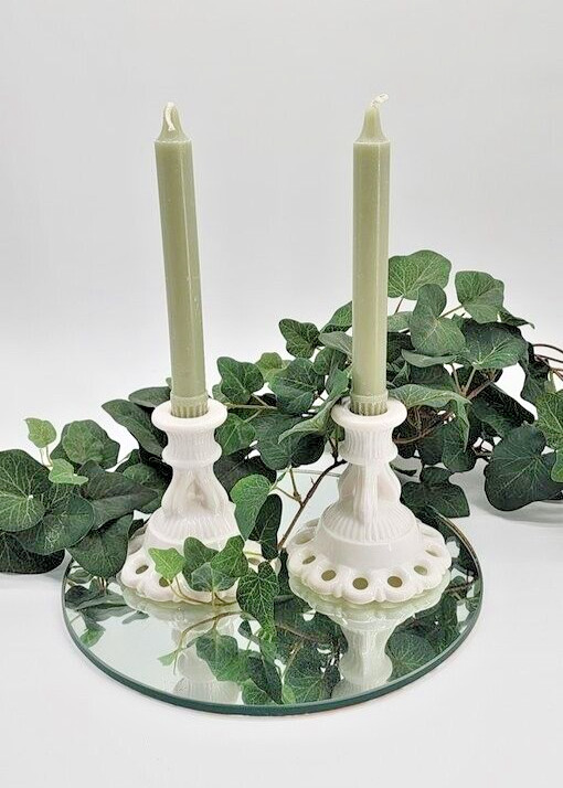 Pair of Westmoreland Lace Edge Milk Glass Candle Holders