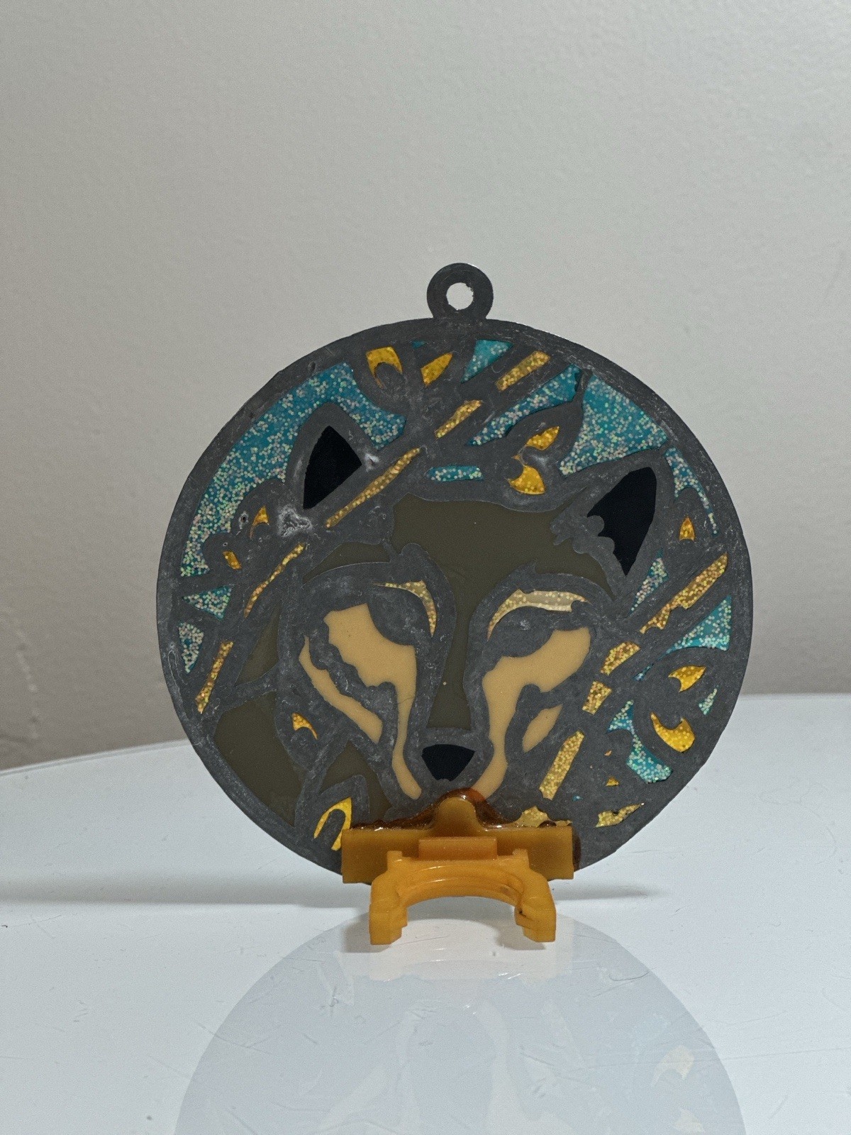 Vintage Wolf Suncatcher Stain glass Ornament Approximately 4 In Diameter