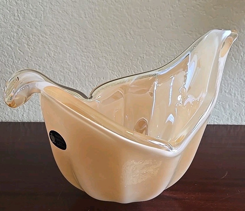 Murano “White Cristal” Peach Glass Vase Bowl Centerpiece – Hand-Blown Art Italy