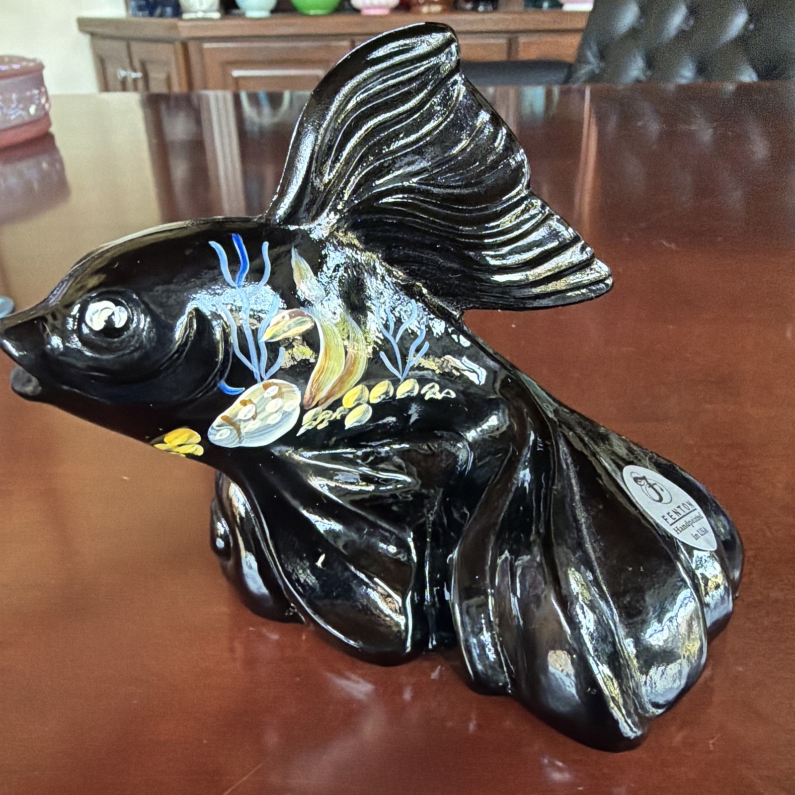 Fantastic Fenton Glass Black Ebony Koi Fish/Asian Goldfish Hand Painted Signed