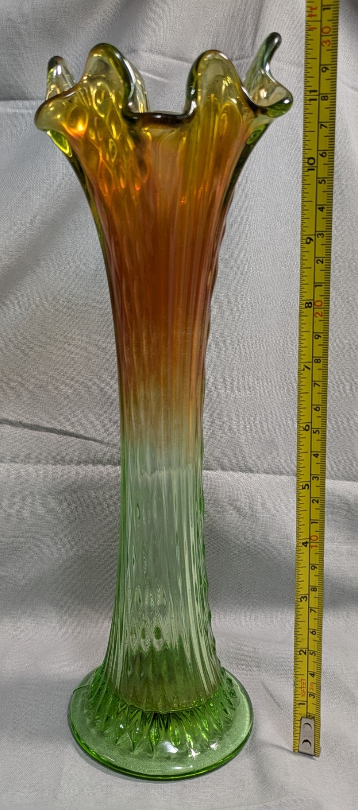 Vtg Fenton Diamond Point Column Carnival Glass 12” Swung Vase Orange to Green