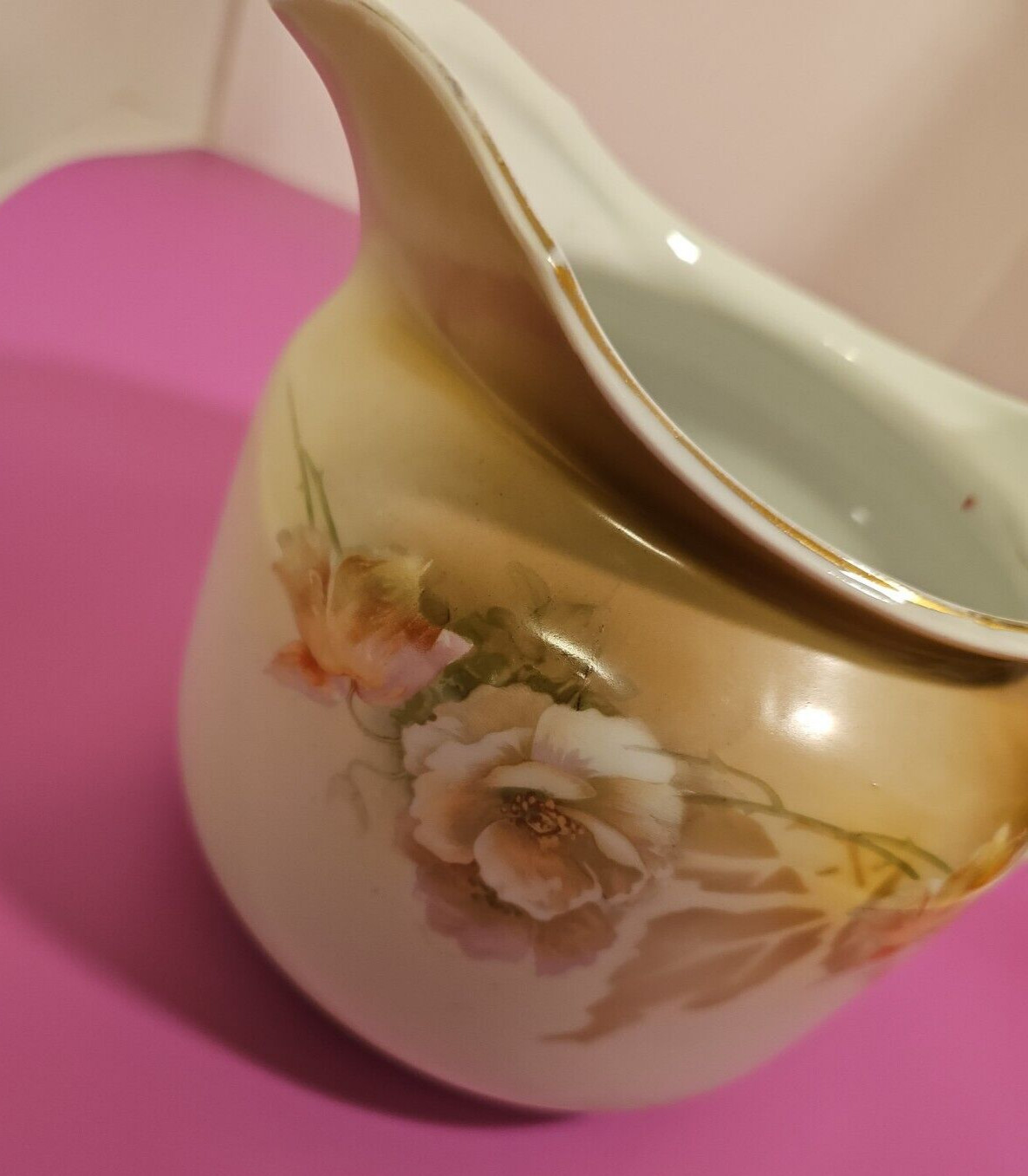RS GERMANY HAND PAINTED LARGE LEMONADE PITCHER JUG VASE, FLOWERS 7″
