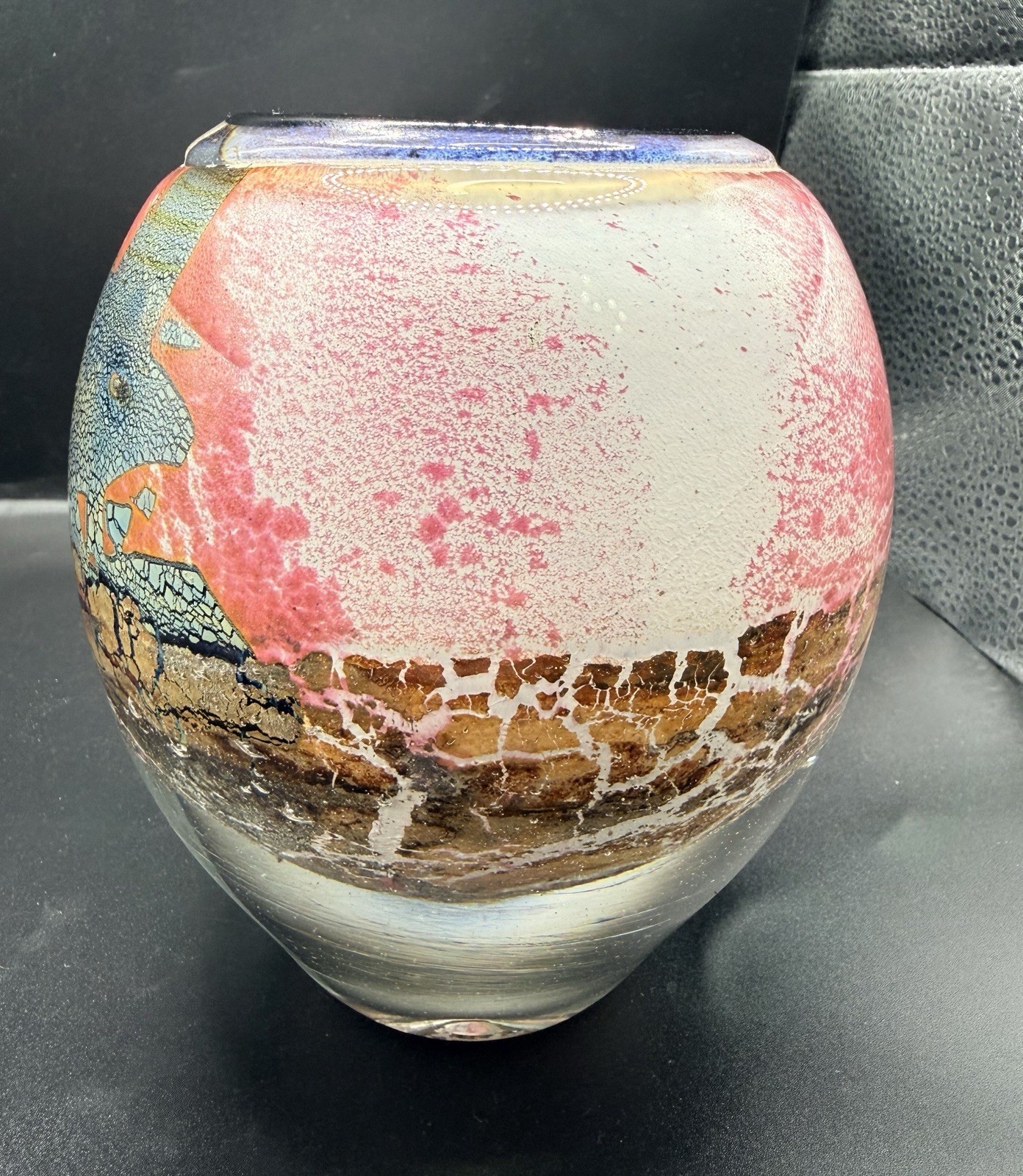 Jean Claude Novaro Signed Art Glass Vase Iridescent Pink Crackle French Blown 5”