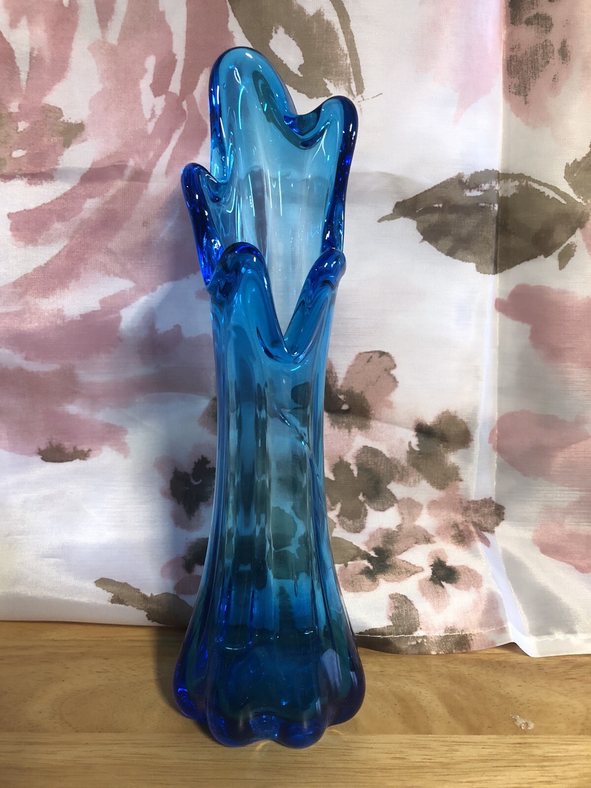 LE Smith 10” Small Swung Five Finger Vase Ribbed Blue Hand Blown Art Glass