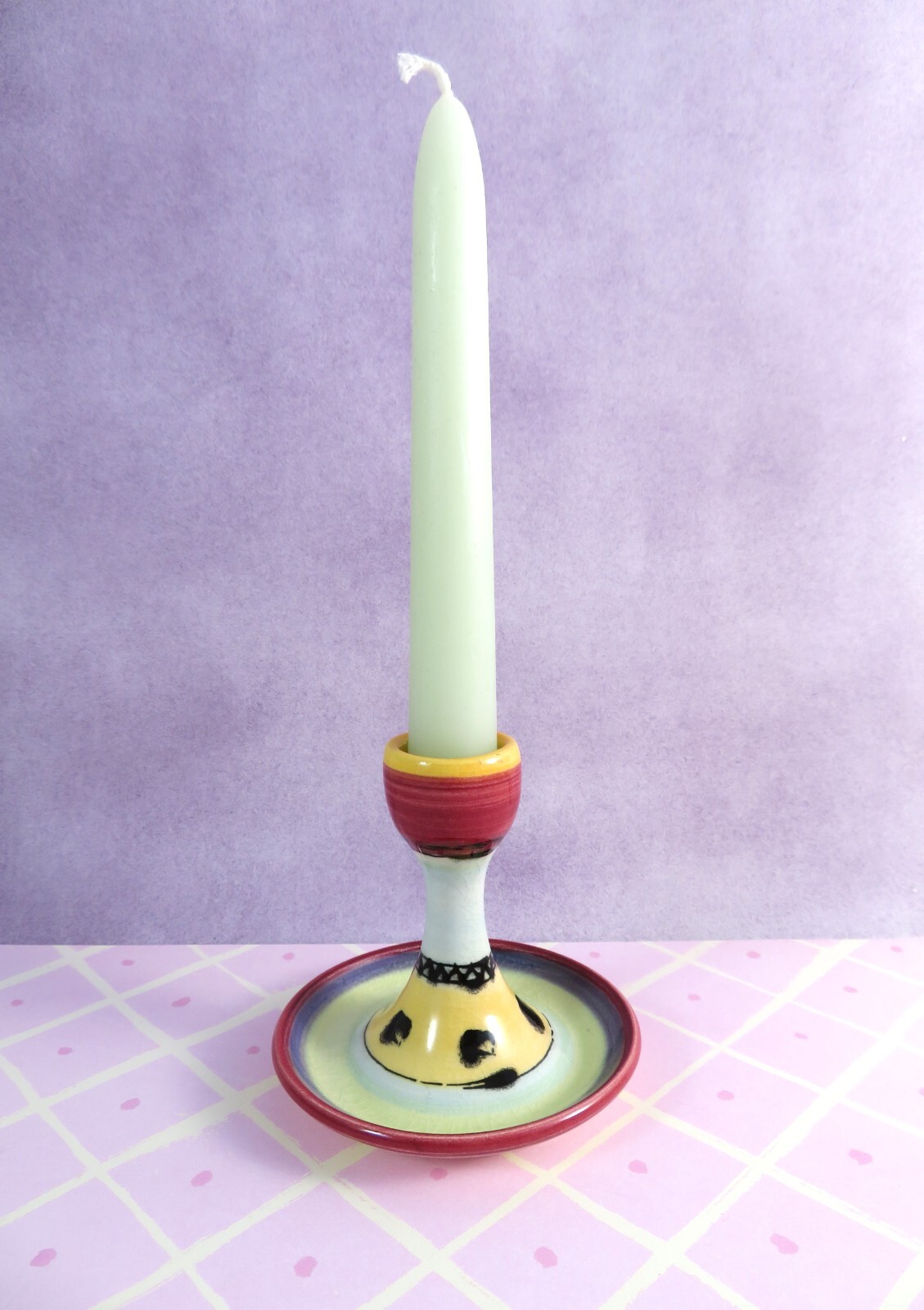 Studio Pottery Taper Candle Holder Diane Amaral Artist Signed Vintage 1980s