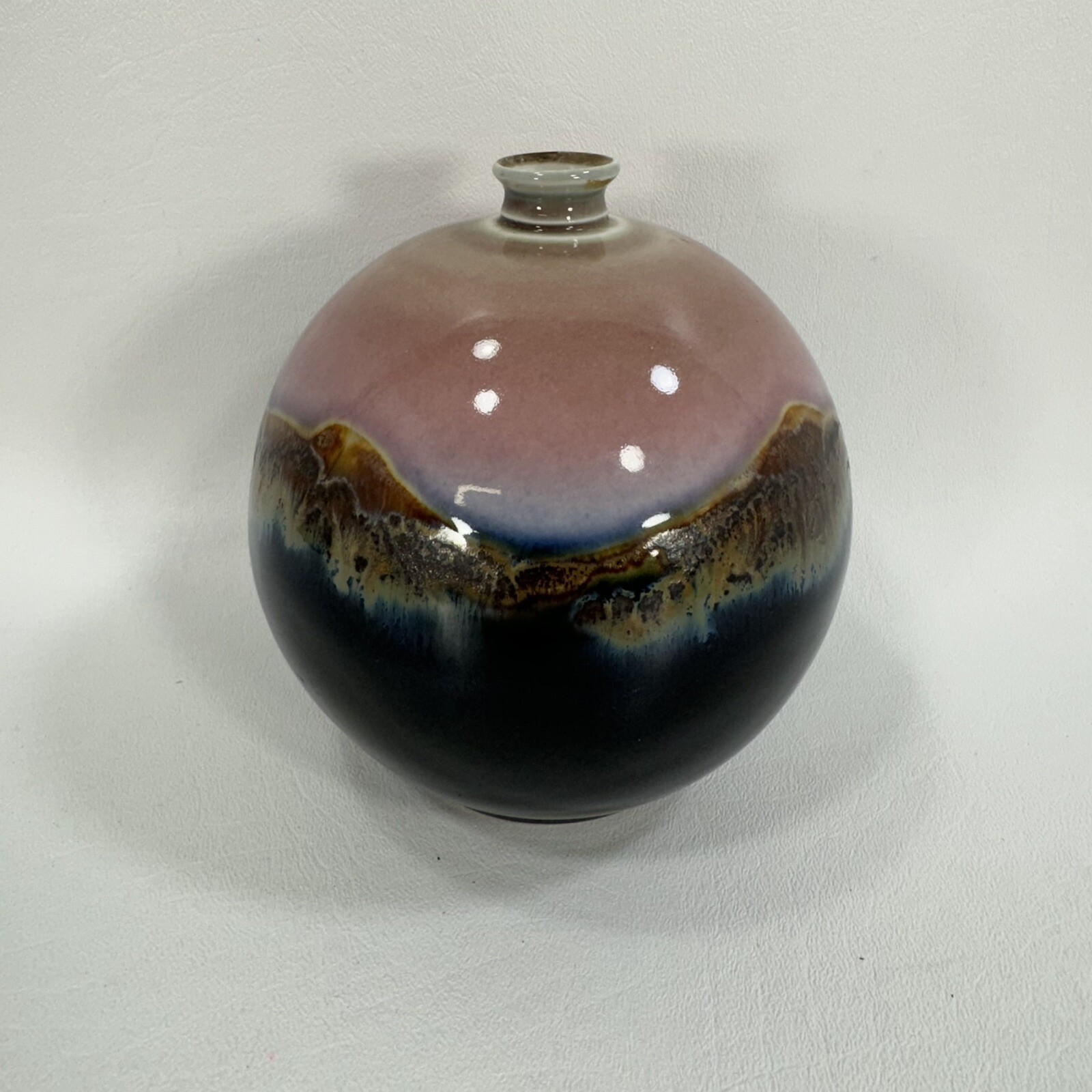 Signed Art Pottery Vase 5”, Cobalt, Brown, Pink, Cream—Sunset Sunrise Landscape