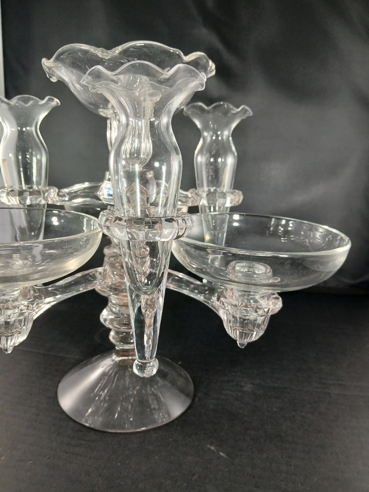 Vtg MCM Cambridge Glass Clear Epergne Bowls, Vases, Holders, 10pc NICE PC