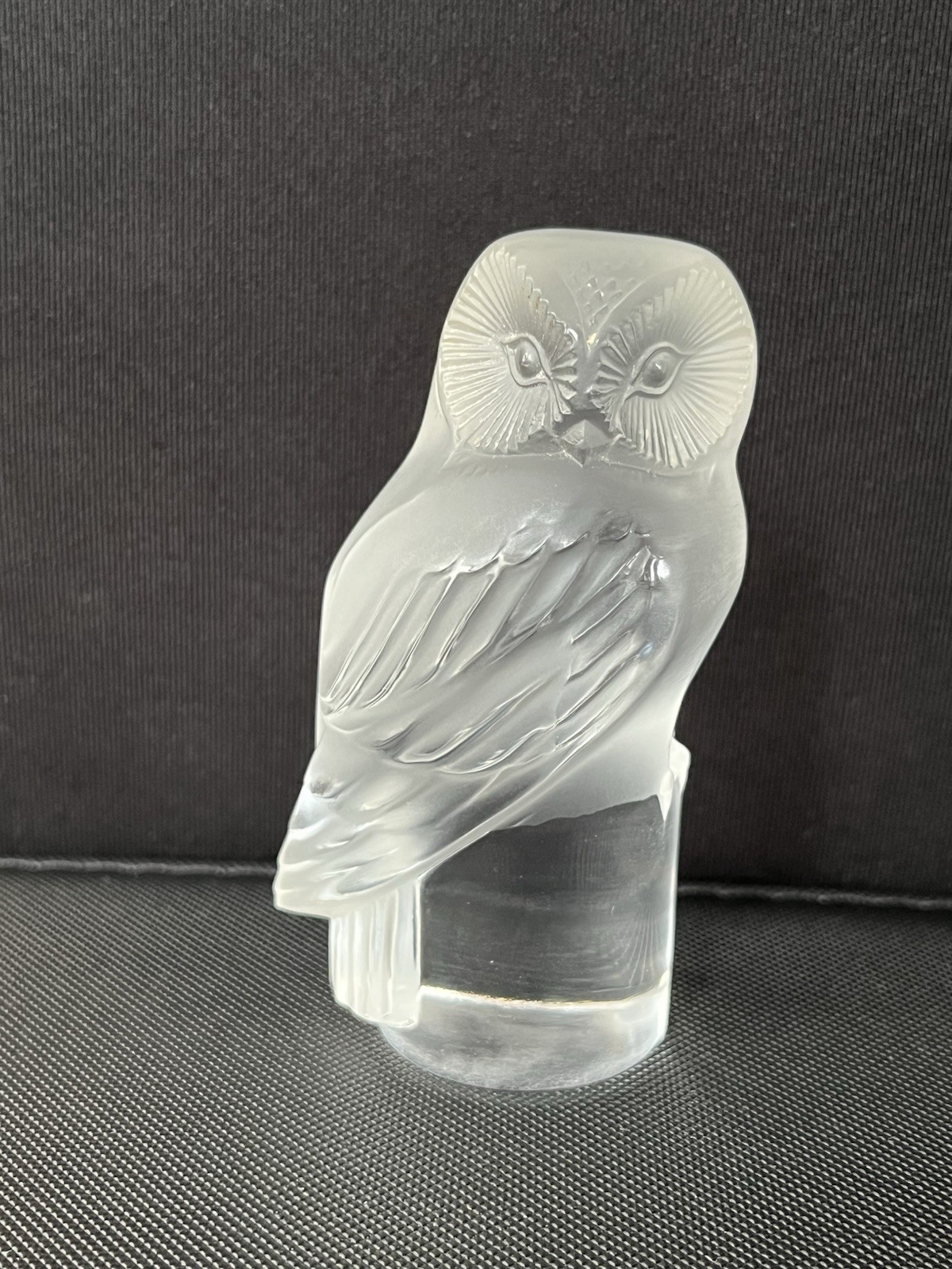 VTG LALIQUE Crystal Frosted Art Glass Chouette Owl W/LABEL SIGNED, FRANCE 3.25″H