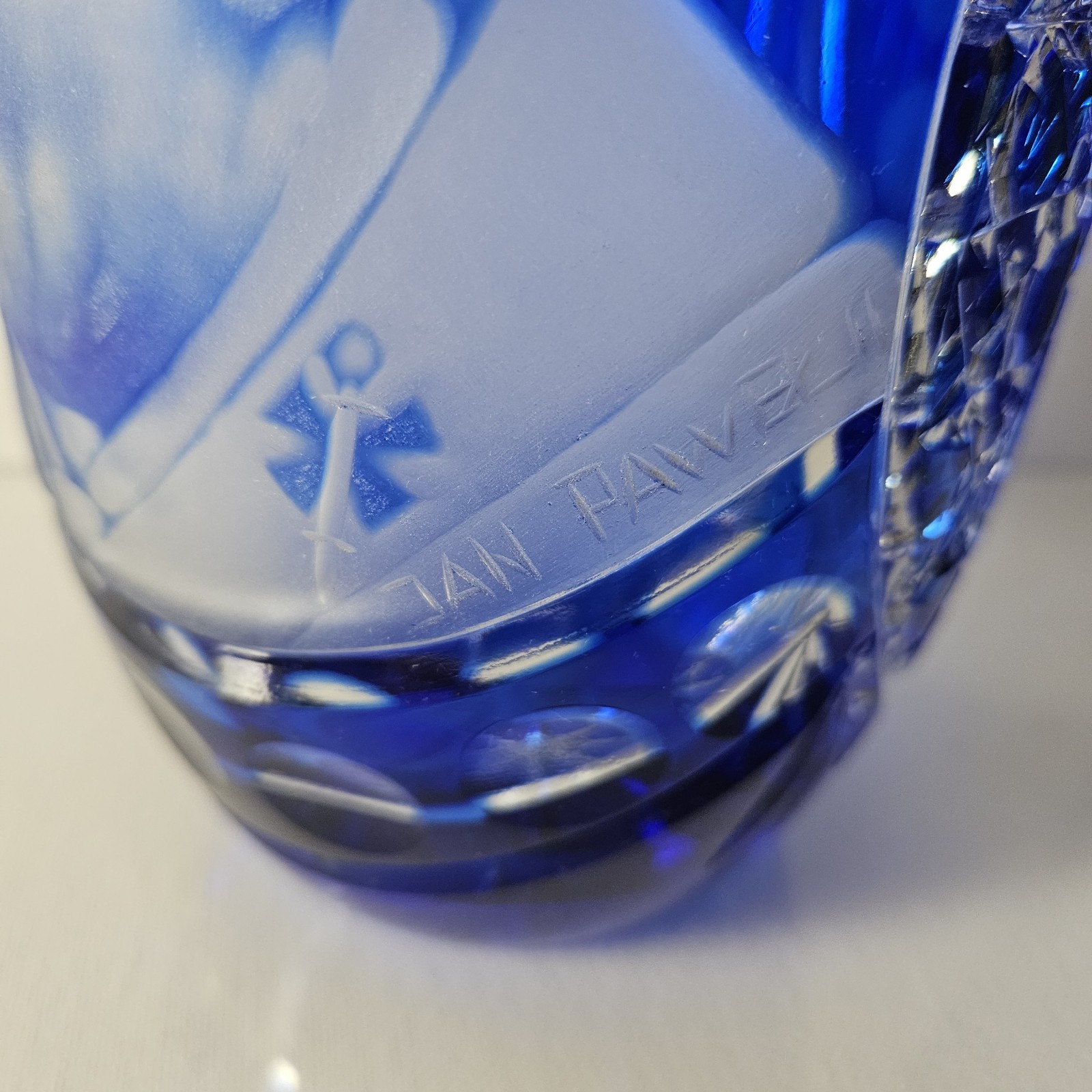 Cobalt Blue Cut To Clear Glass Vase Pope John Paul Bohemian Style 9.75″