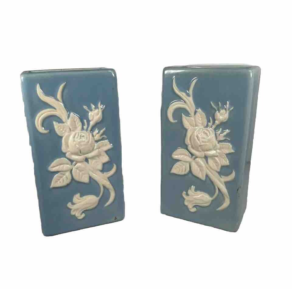 Vintage Pair of Weller Pottery Cameo Vases Blue & White 8 3/4” Tall Rectangular