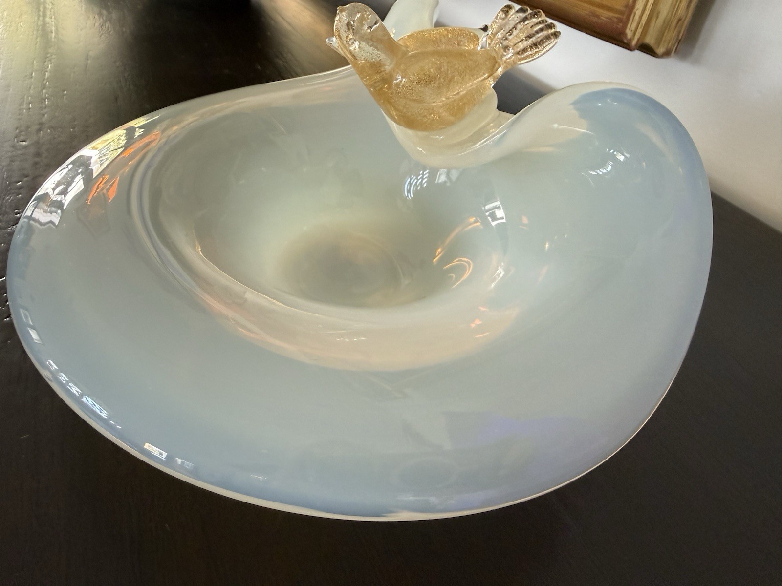 Mid 20th Century Murano Attributed Opalescent Glass Bowl Perchin Gold Fleck Bird