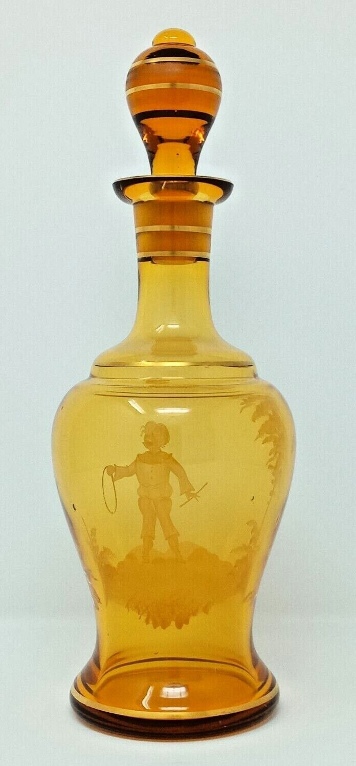 Amber Glass Decanter West Germany Mary Gregory style Ground-in Stopper gold euc