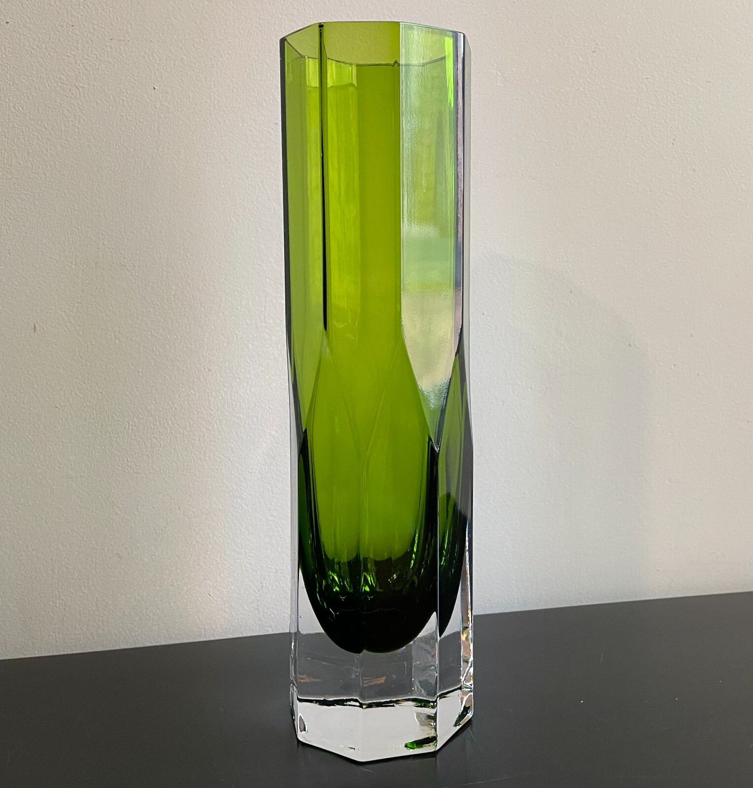 Green Faceted Glass Vase Lindshammar Sweden Designed by Gunnar Ander 10″ H