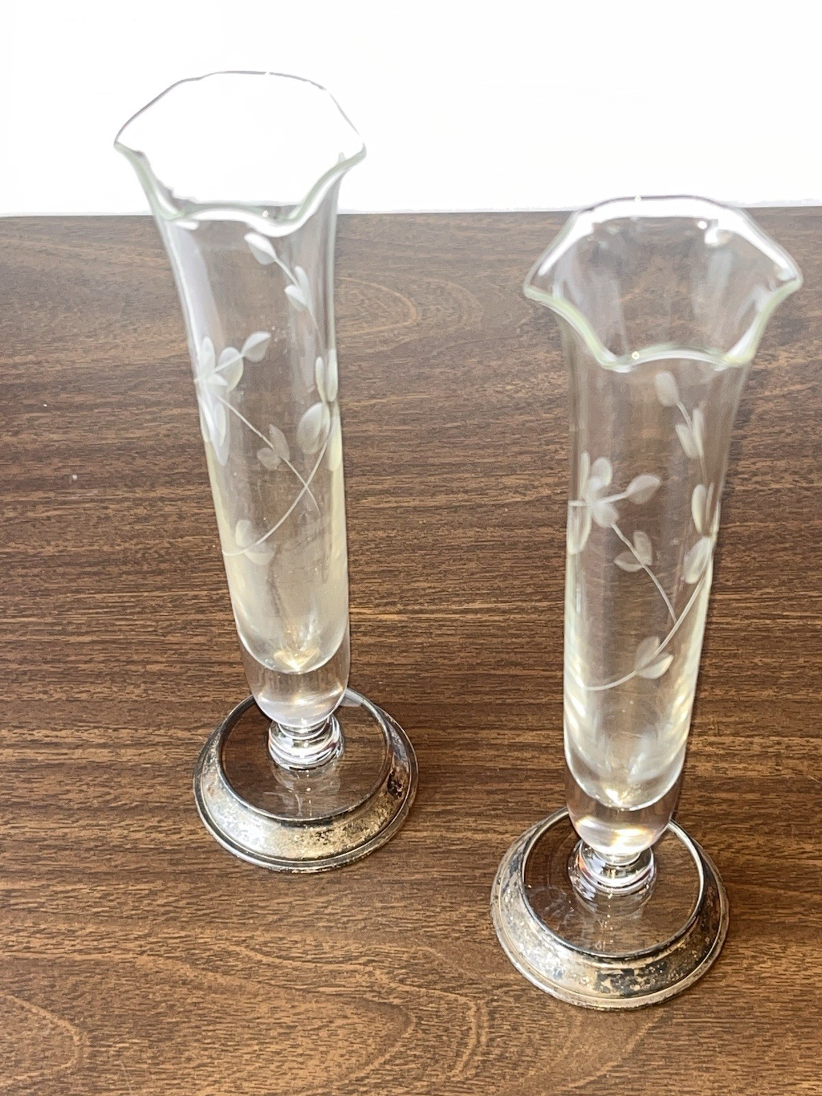 Vintage Pair Etched Clear Glass Bud Vases w/ Sterling Silver Bases STERLING