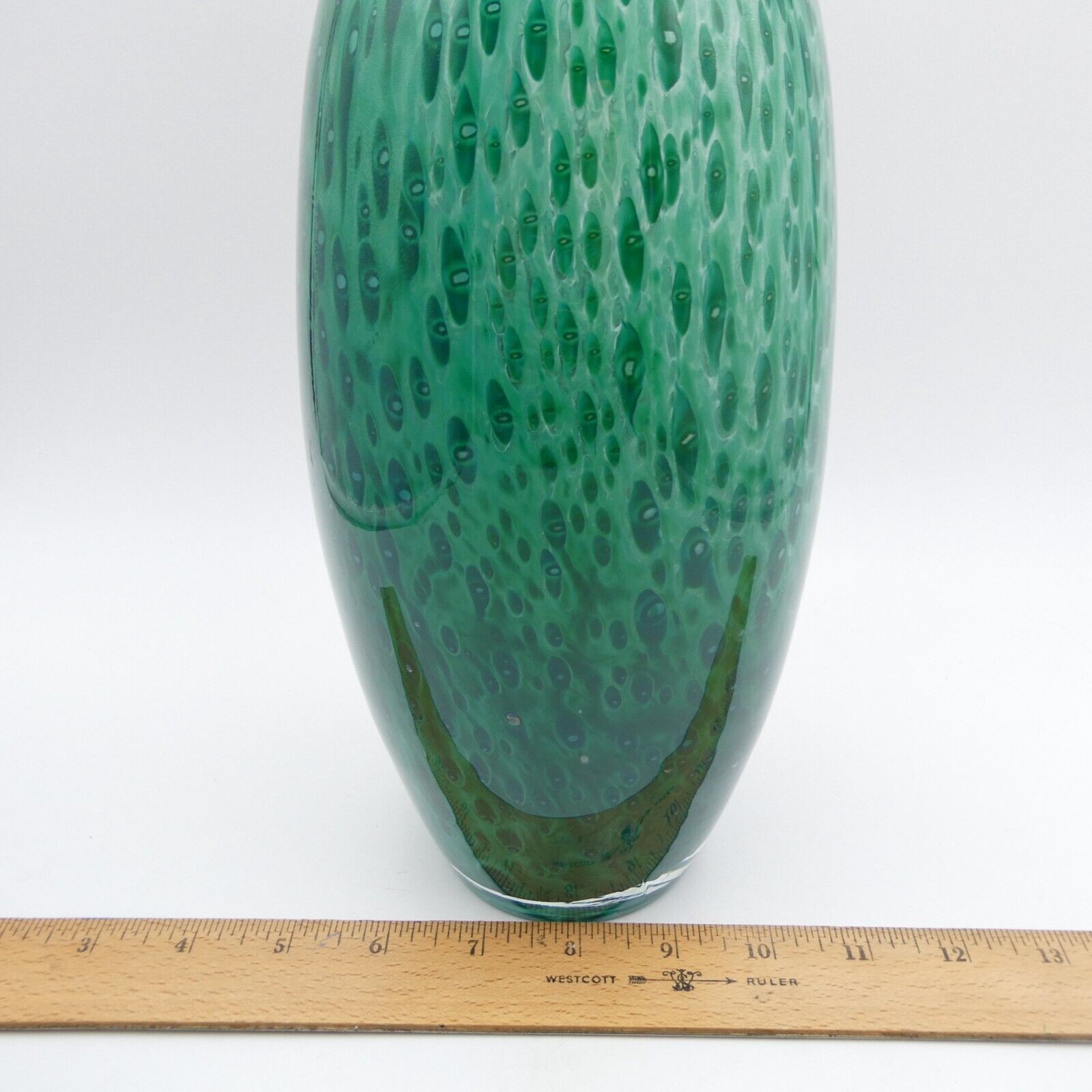 Art Glass Peacock Feathers Tall Vase 12 inch Emerald Green Blue Swirl Vintage