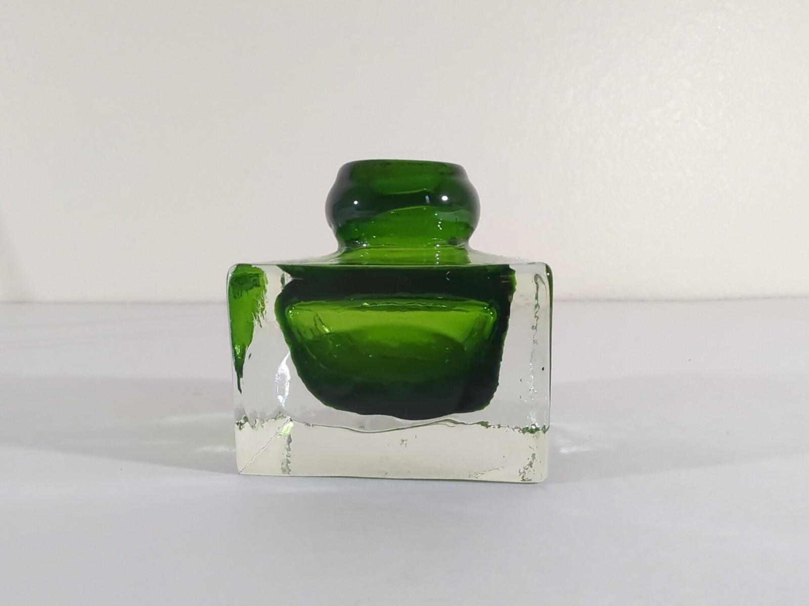 Murano Art Green Glass 2.5″ Square Paperweight Vase Inkwell