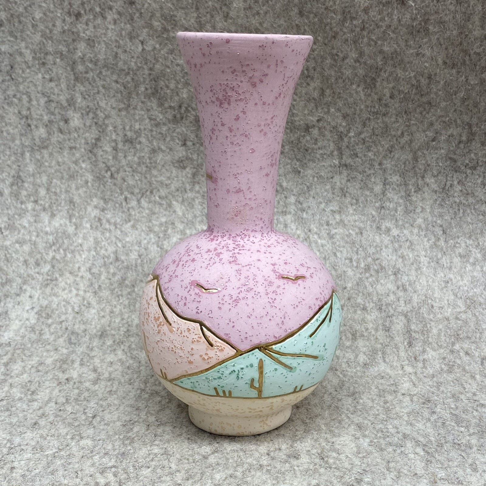 Southwest Pottery Vase Pink Peach Green Gold Inlaid Accents Mountains Signed