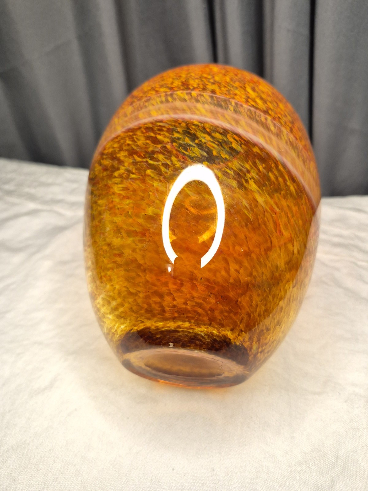 Speckled Glass Vase Brown Yellow Orange w White Band 7″h