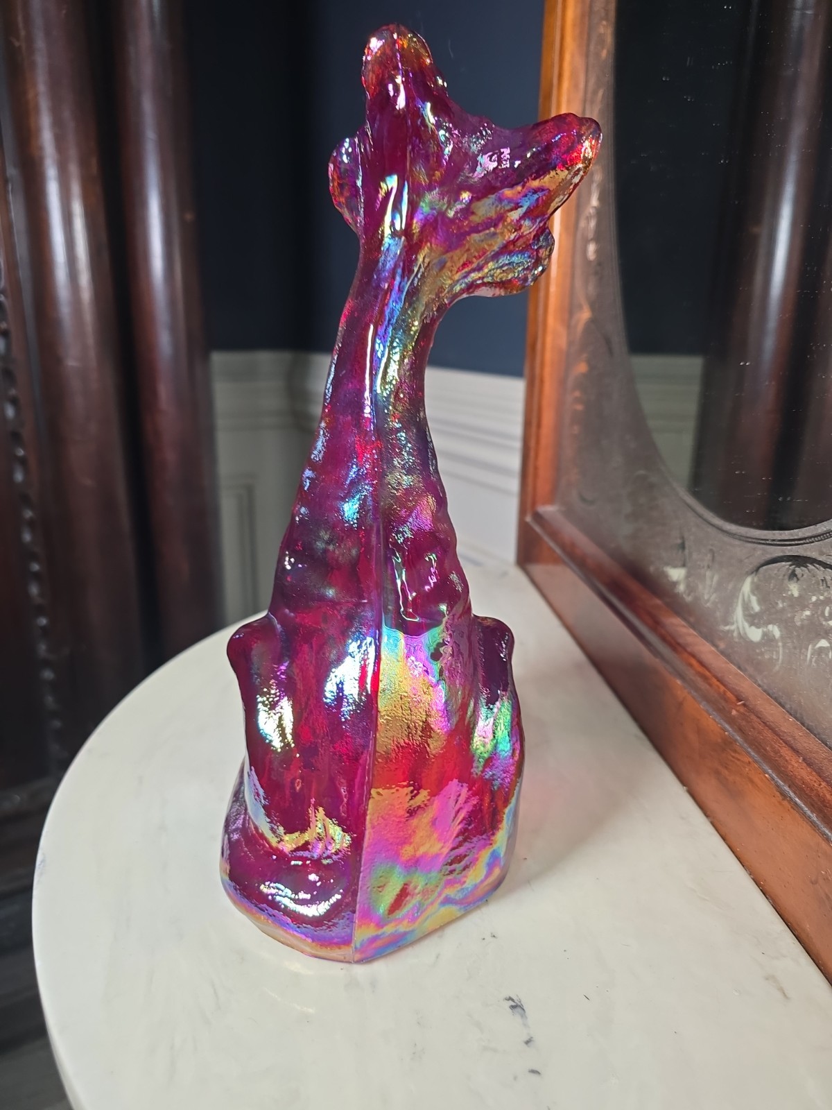 VNTG Fenton Iridized Red Carnival Glass Alley Cat Large 11″ HEAVY Iridescence