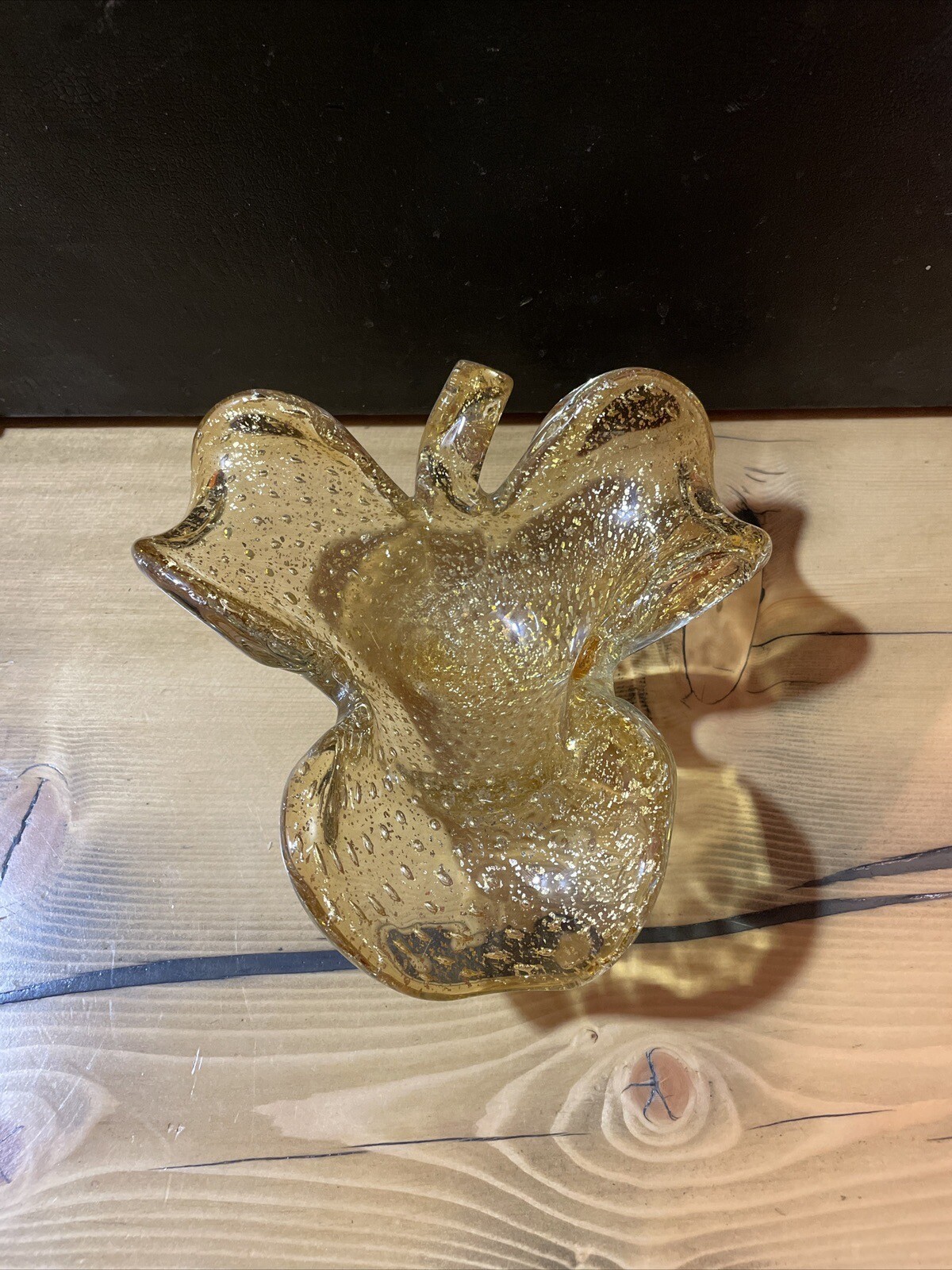 Clover Shaped Gold Flecks Aventurine Handblown Art Glass Vintage
