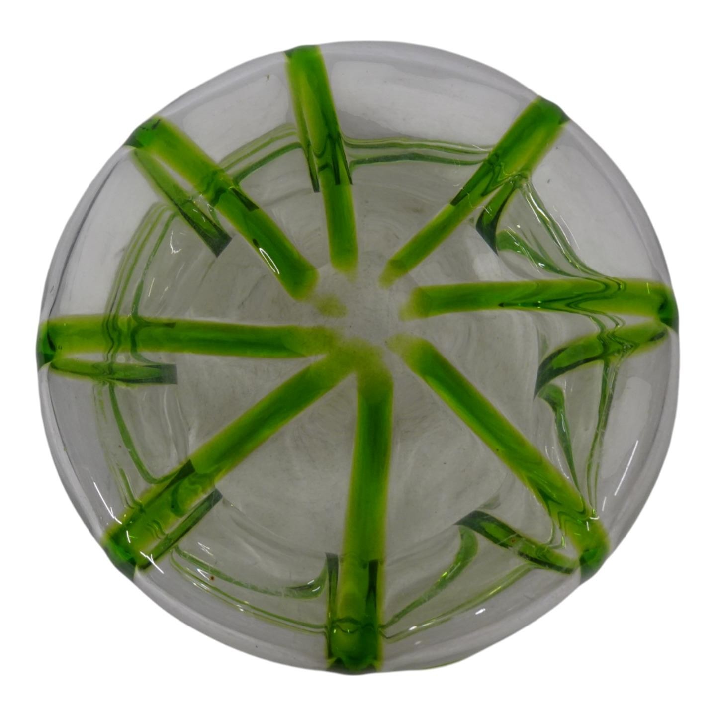 Stuart & Sons Stourbridge Hand Blown Green Trailed Art Bowl Glass Vase HT6