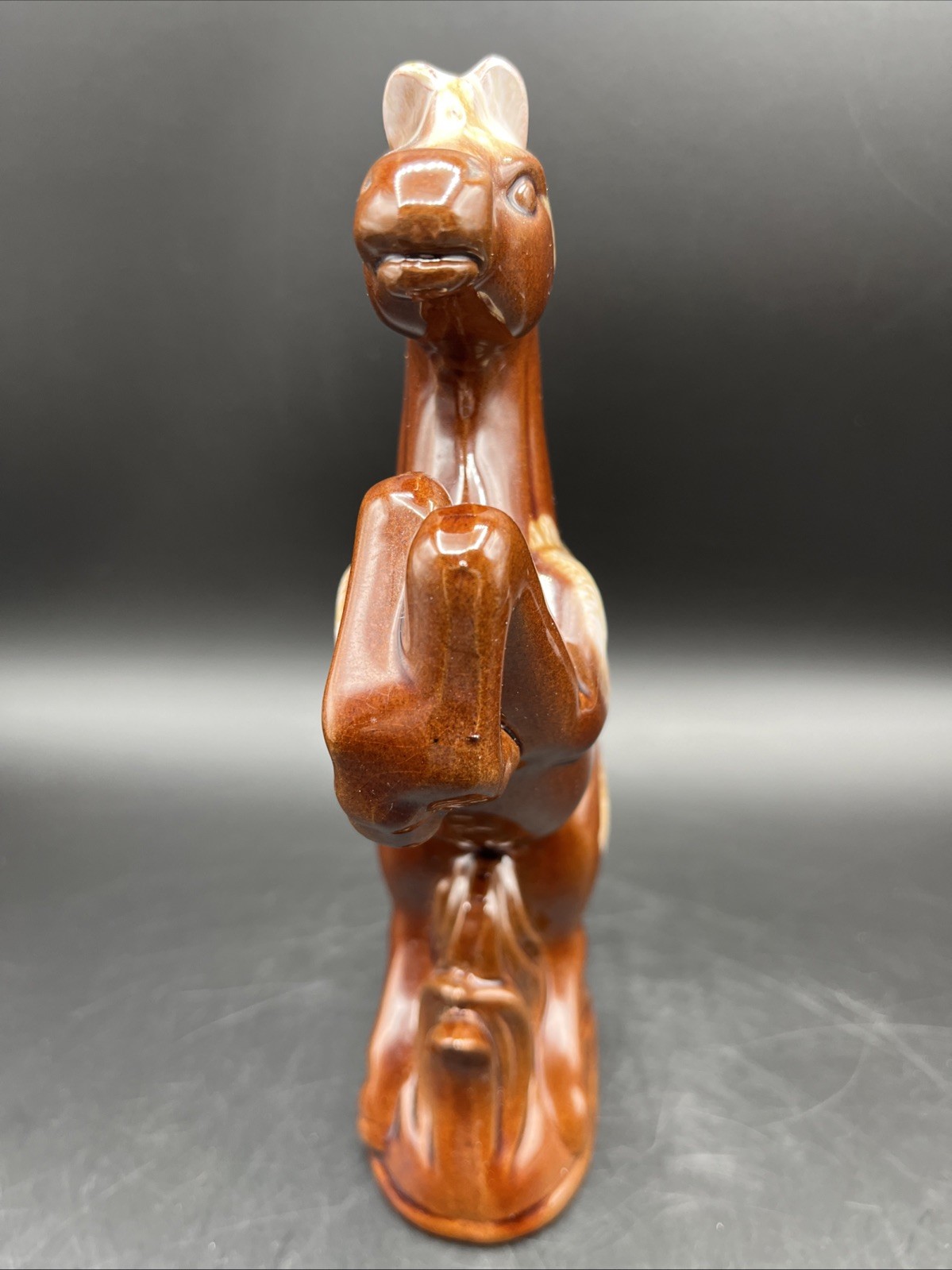 Vintage Mid Century Modern Brown Drip Glaze Art Pottery Rearing Horse